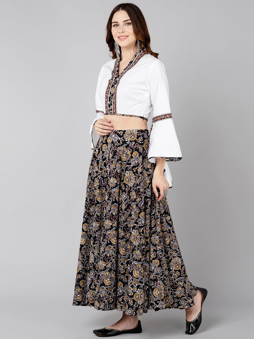 Designer White Crop Top With Floral Printed Skirt - Znxclothing