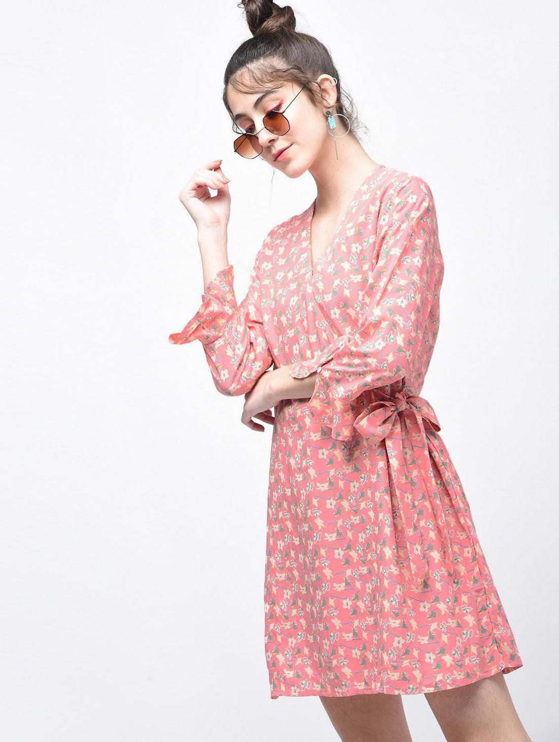 Tie-Knot Detail Floral Wrap Dress - Znxclothing
