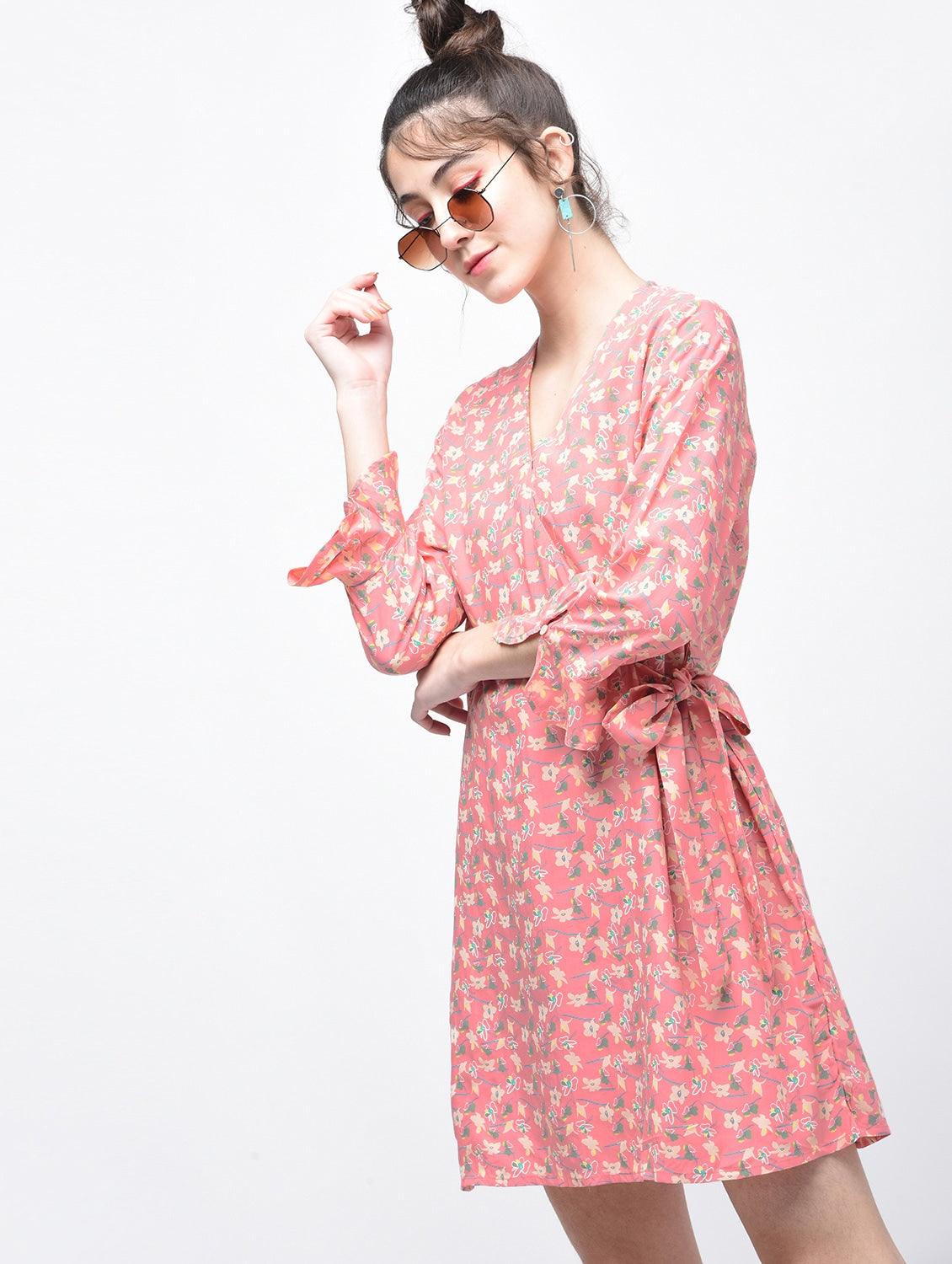 Tie-Knot Detail Floral Wrap Dress - Znxclothing